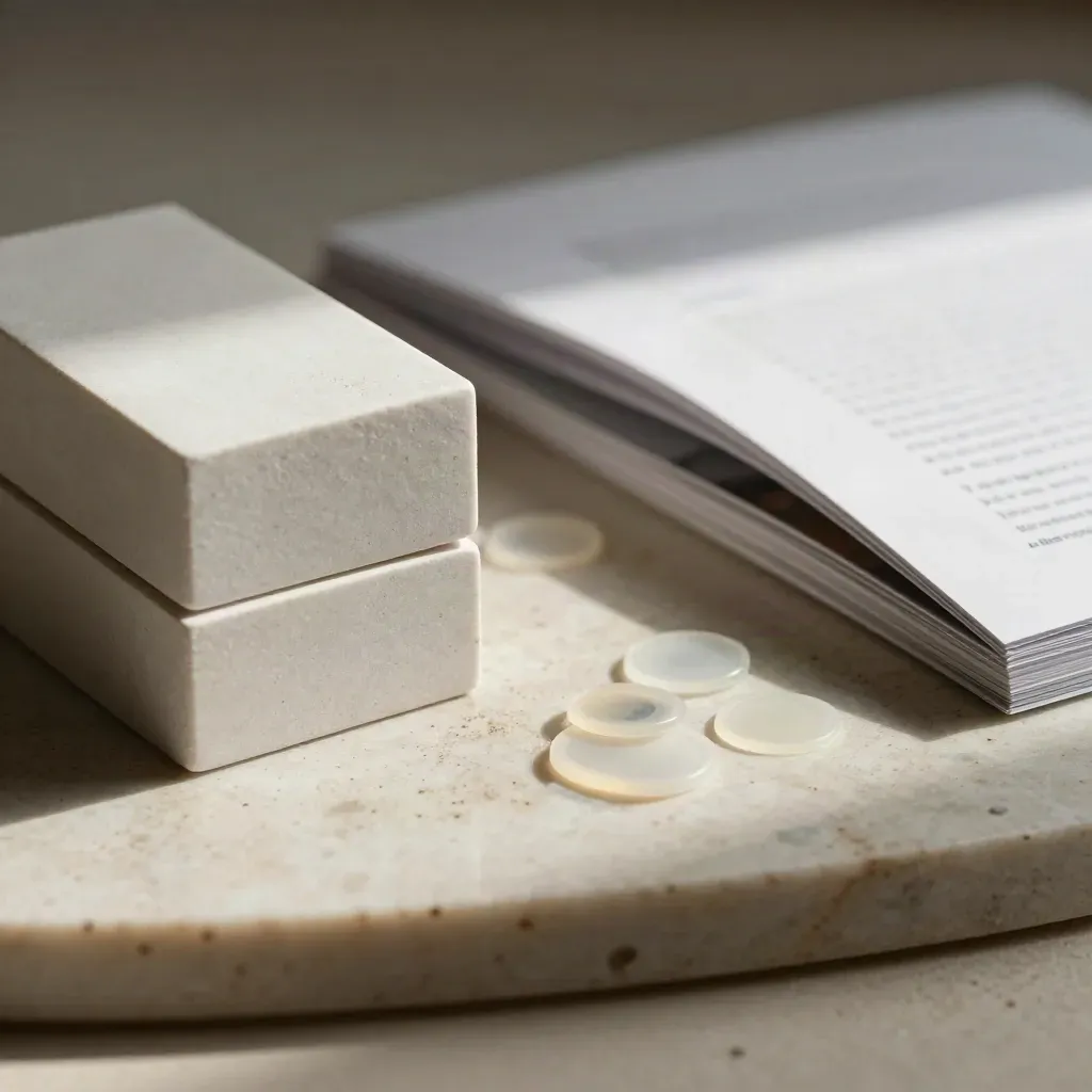Macro still life of prototype blocks, spec folio, and status tokens on pale travertine.