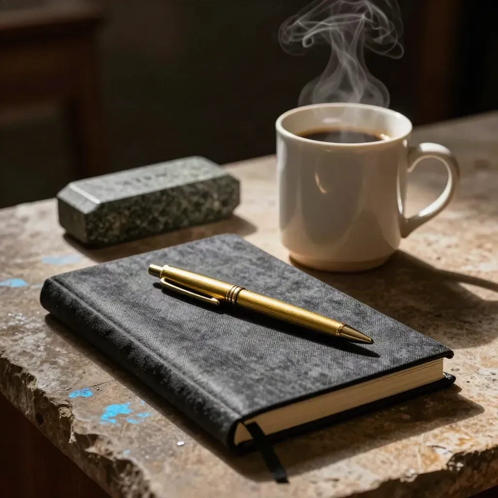 Closed notebook, brass pen, steaming mug and paperweight on stone in dramatic low light.