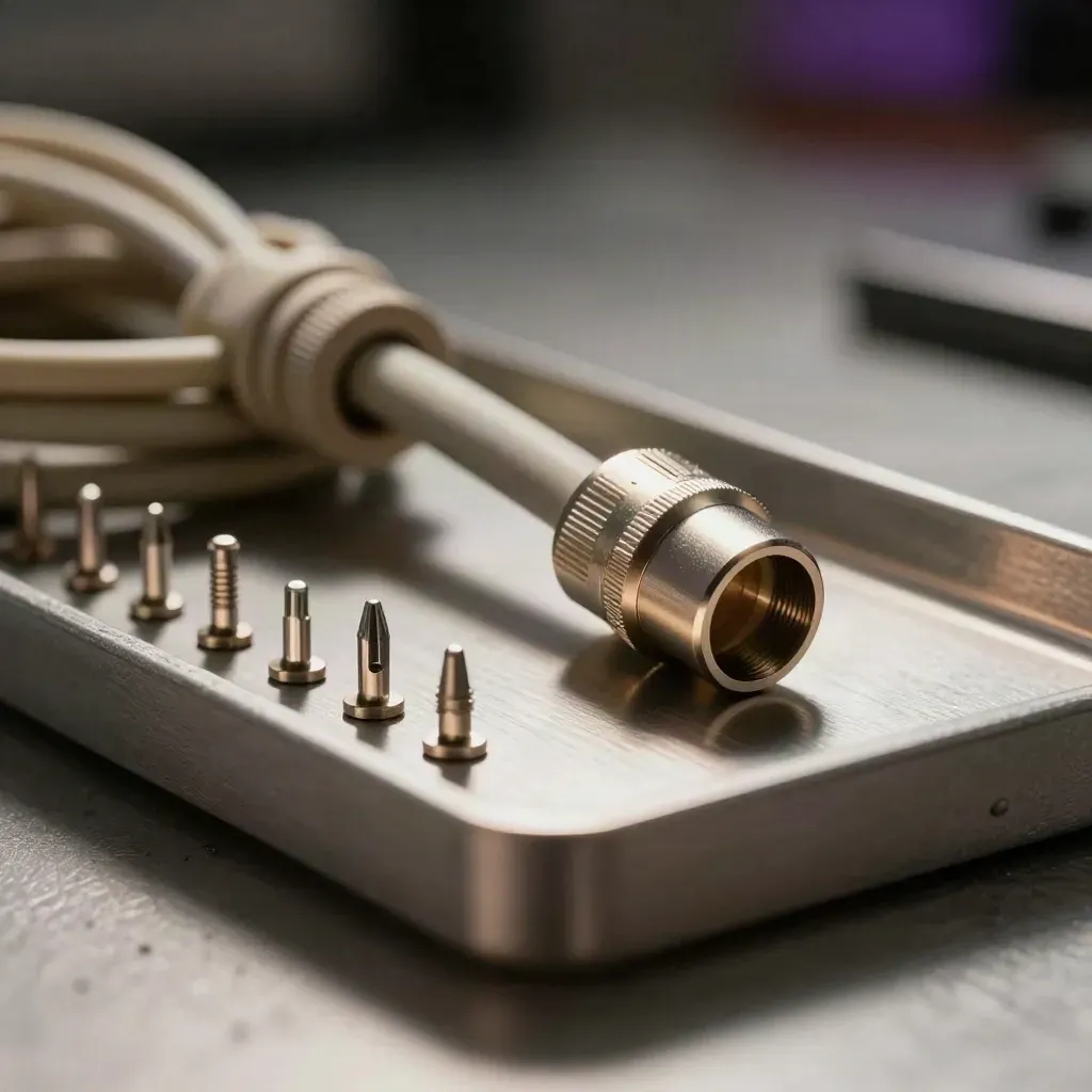 Macro still life of fiber cable, standoffs, adapter and parts tray on brushed aluminum