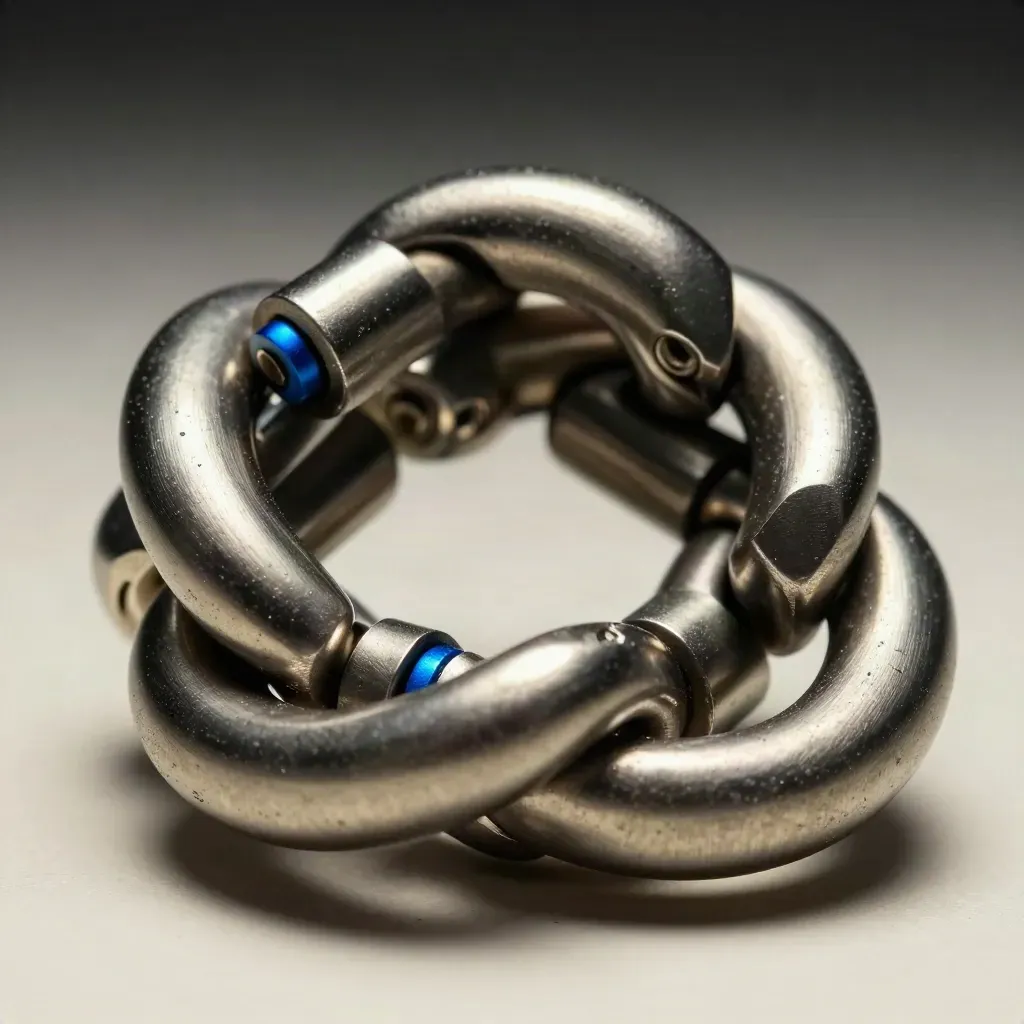 Macro cluster of linked metal rings and connector blocks closing into a loop on graphite.
