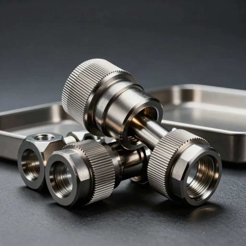 Machined couplers and hex fasteners locking together on brushed steel in moody studio light.