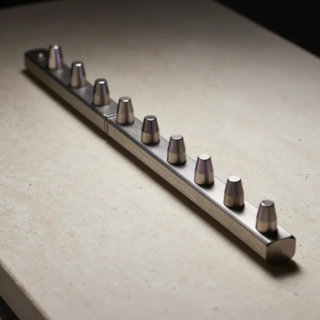 Machined rails, brackets, and alignment pins on pale stone with a subtle violet glint.