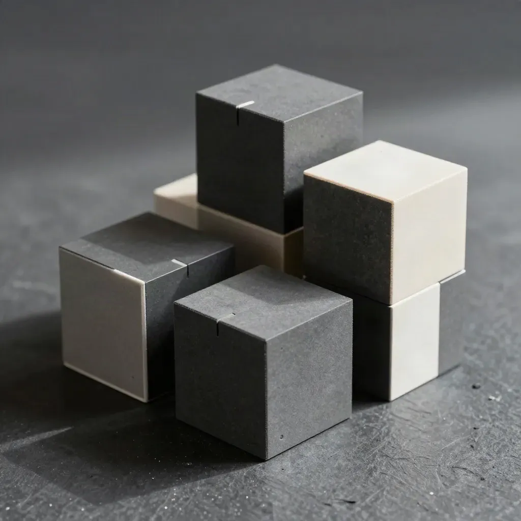 Matte cubes and connectors arranged in a refined graphite still life on dark stone.