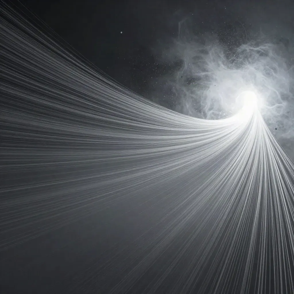 Silver filaments stream into a soft white bloom in graphite haze, with open space below for text.