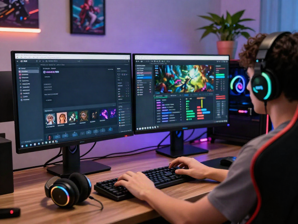 User engaging with luxury12 login on a vibrant online gaming platform with dual monitors showcasing game statistics.