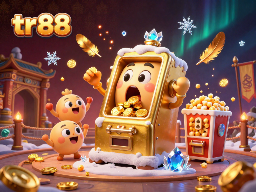 Experience the excitement of tr 88 with a lively scene of a golden slot machine winning a jackpot amidst cheering companions.