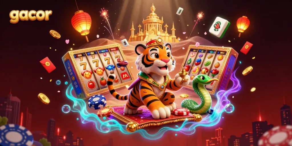 Experience the thrilling gacor slots with vibrant scenes, showcasing jackpots and colorful casino elements.