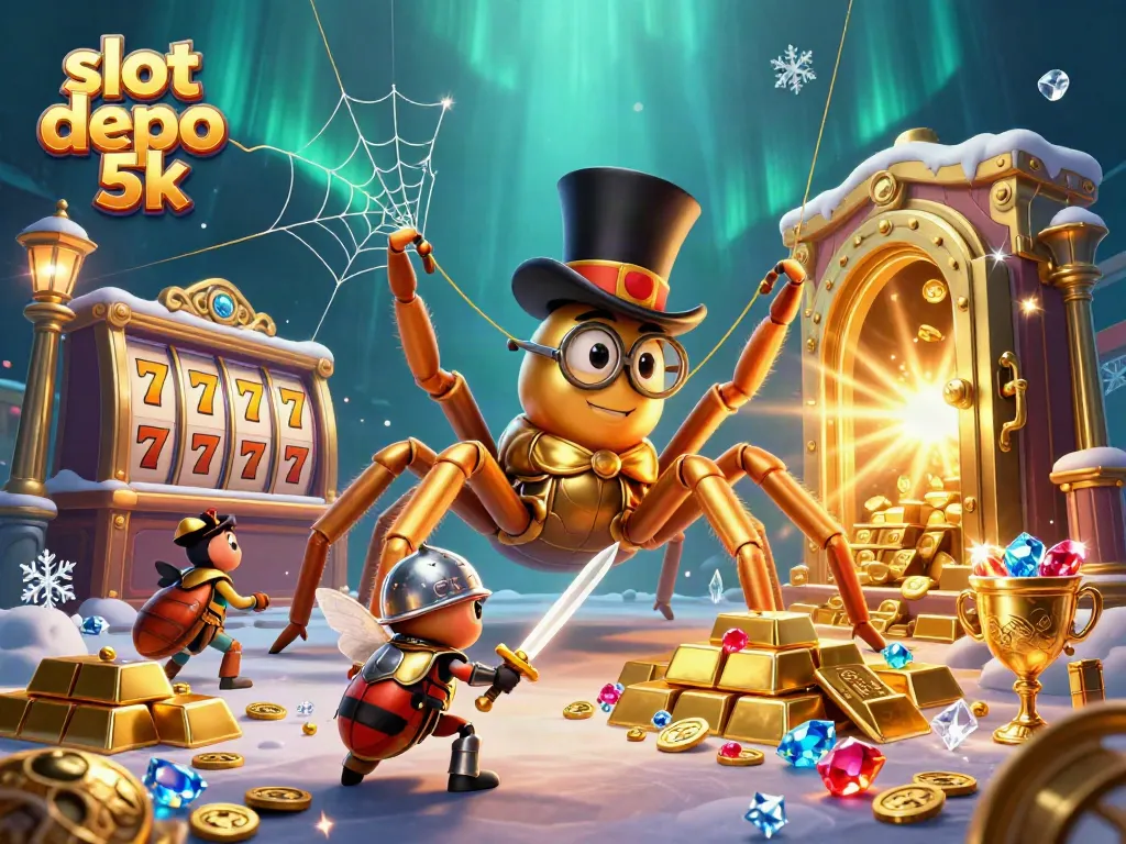 Experience thrilling play with slot depo 5k, featuring a golden tarantula amidst casino treasures.