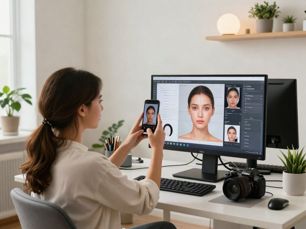 Engaging test of attractiveness in modern beauty assessment studio with facial analysis metrics.