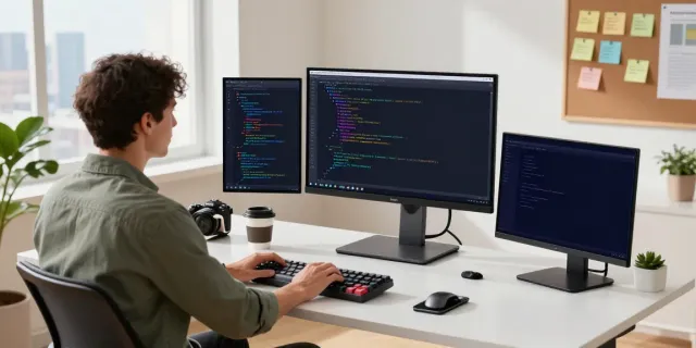 Programmer using Notepad++ in a modern workspace with dual monitors and coding tools.