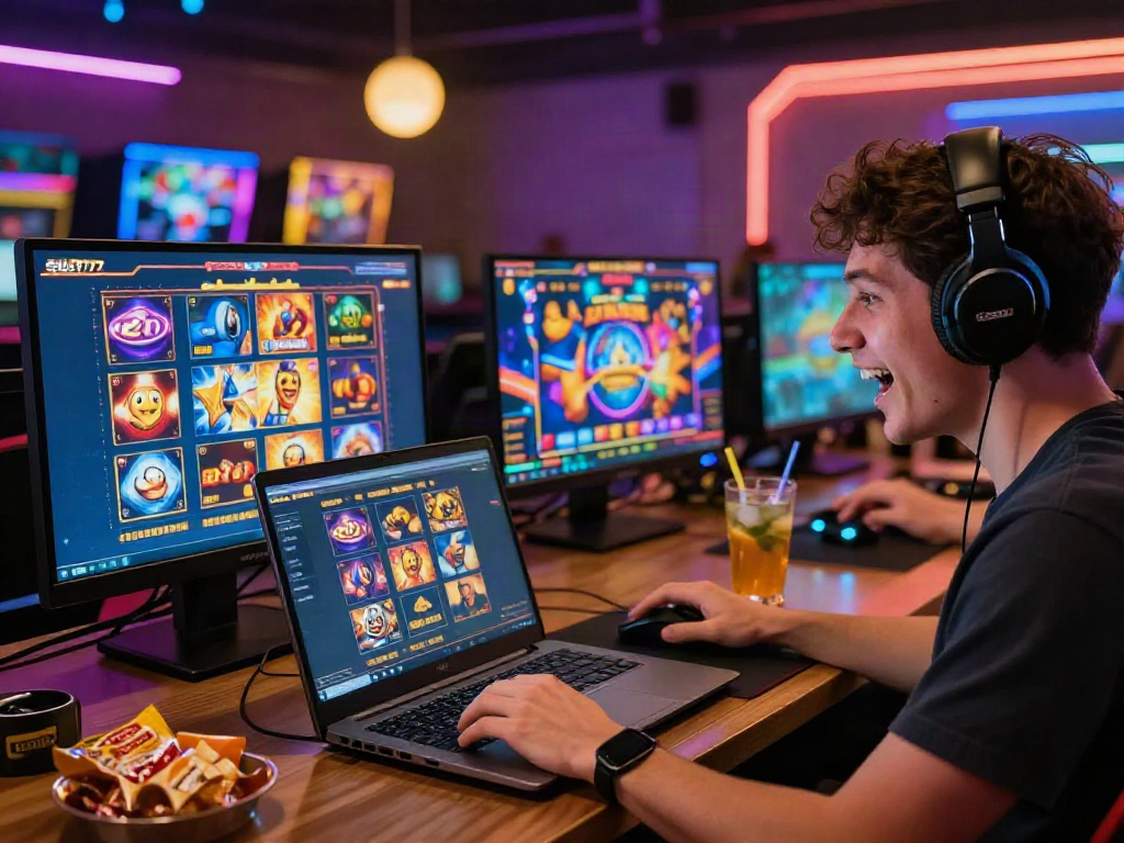 Engaged player enjoying SLOT777 online gaming experience with colorful slot visuals and accessories.