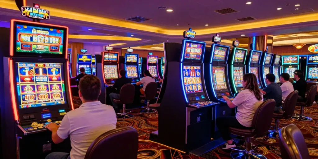 Players enjoying สล็อต machines in a vibrant casino setting.