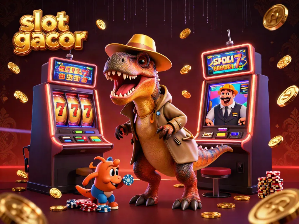 Engaging scene of slot gacor characters with a velociraptor card counter and a stegosaurus pit boss in a casino atmosphere.