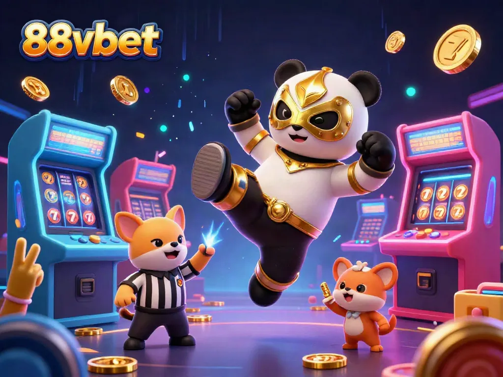 Watch the excitement unfold at 88vbet with a panda wrestler flying through a lively casino scene