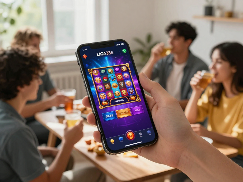 Pengguna LIGA335 bermain slot online di ponsel dengan antarmuka menarik di suasana ceria.