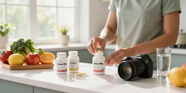 Buy 5-Amino-1MQ capsules in a bright wellness kitchen with fresh ingredients.