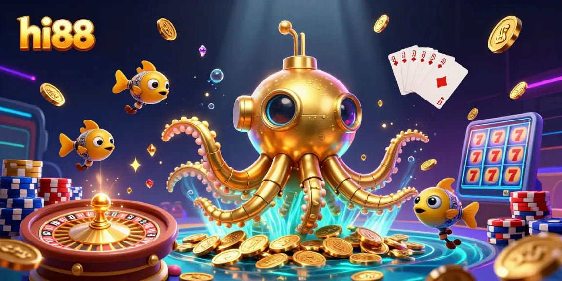 Experience thrilling gameplay at hi88 with vibrant coins, cards, and a golden kraken submarine.