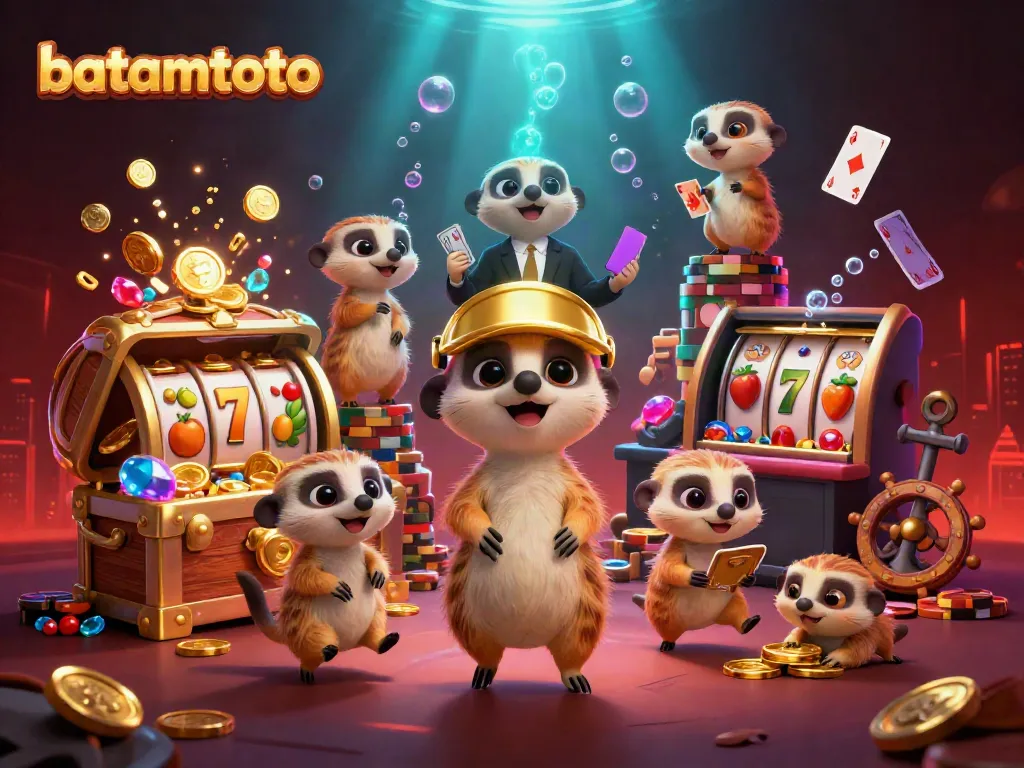 Experience batamtoto's vibrant cartoon casino scene with meerkats amidst colorful game elements.