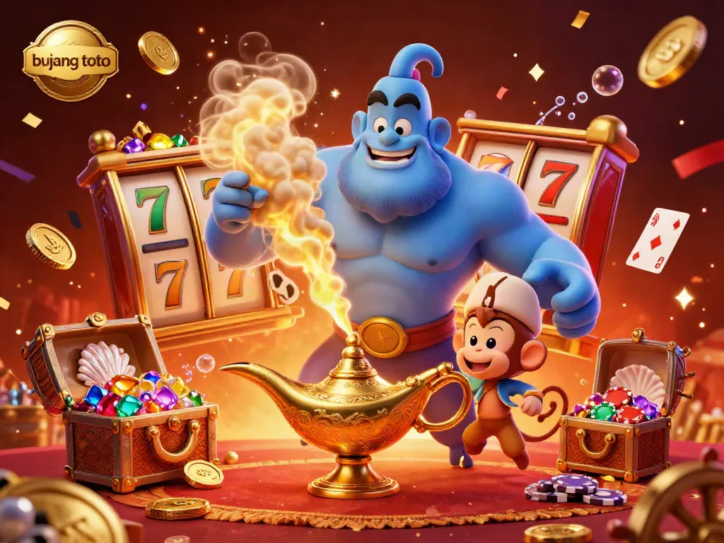 Experience the excitement of bujang toto with a vibrant casino scene featuring a blue genie and treasures.