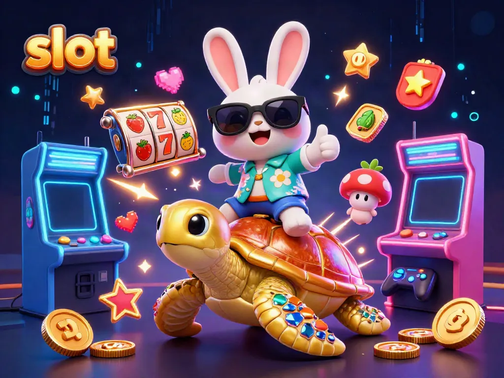 Experience thrilling slot action with a lucky rabbit and golden turtle in this vibrant casino scene.