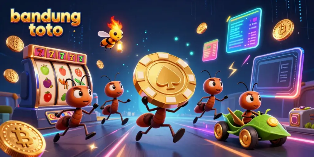 Experience thrilling action at bandung toto with playful ants heisting a giant poker chip amidst vibrant casino elements.