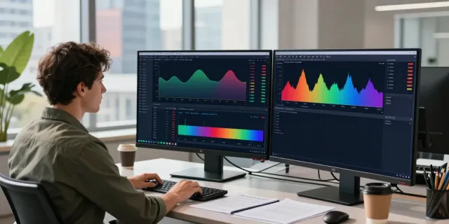 Trader using TradingView in a modern workspace with multiple monitors and urban view.