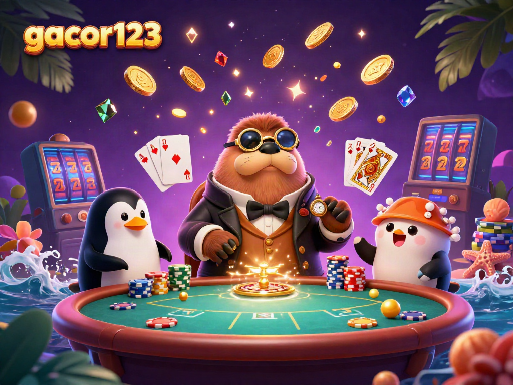 Experience the thrills of gacor123 with a jolly walrus and friends at an underwater poker game.