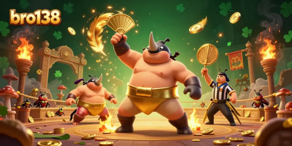 Experience thrilling gameplay with bro138 as the rhinoceros beetle champion stomps coins in a lively casino arena.