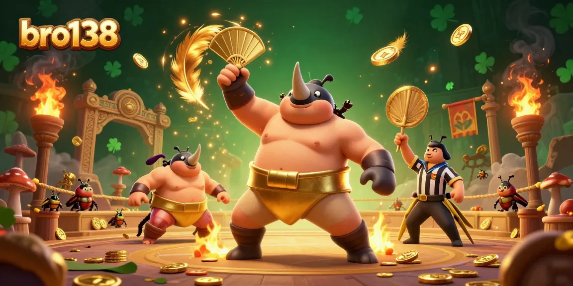 Experience thrilling gameplay with bro138 as the rhinoceros beetle champion stomps coins in a lively casino arena.