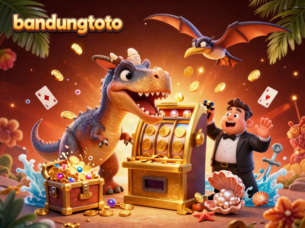Experience the thrill of bandungtoto with cartoon dinosaurs headbutting a jackpot slot machine amidst exploding treasures.