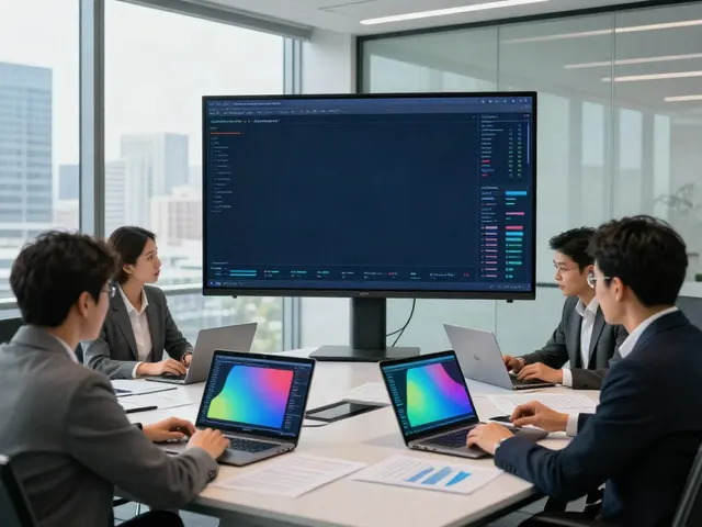 A team analyzing financial data on the largest banks in the US by assets, showcasing a modern conference room environment.