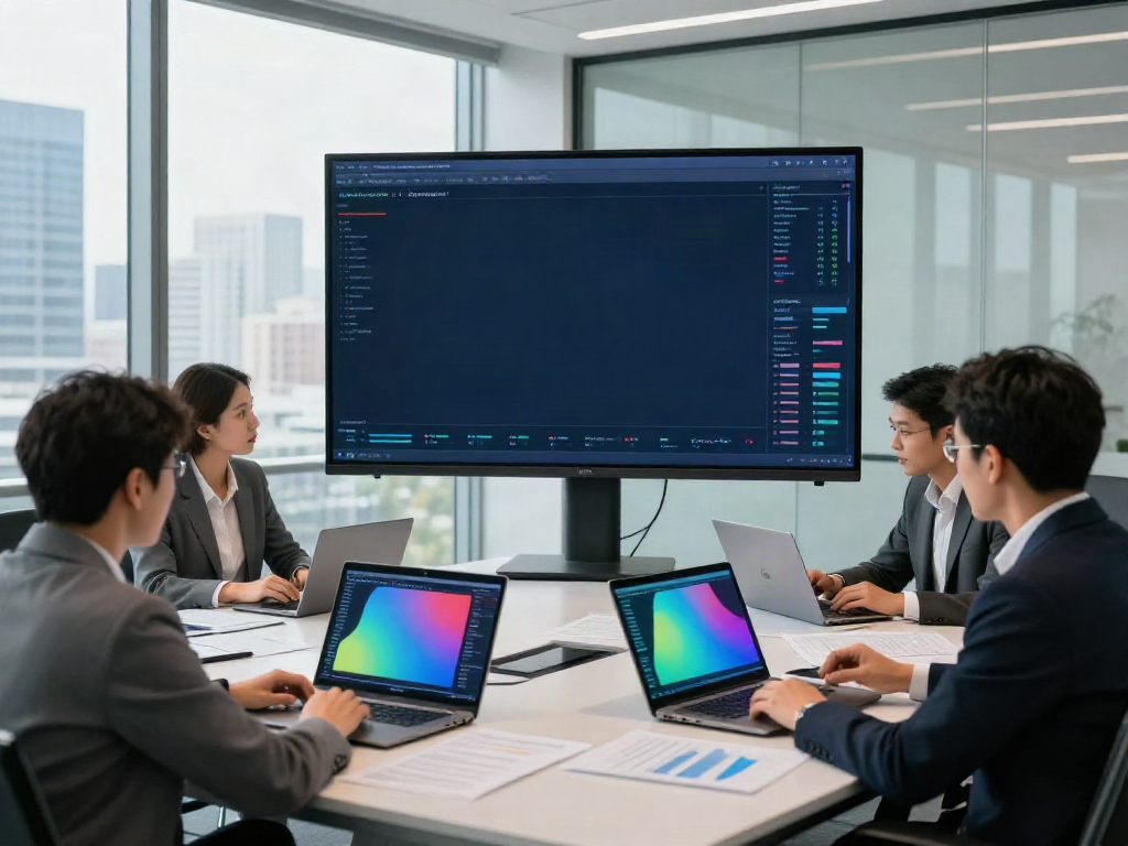 A team analyzing financial data on the largest banks in the US by assets, showcasing a modern conference room environment.