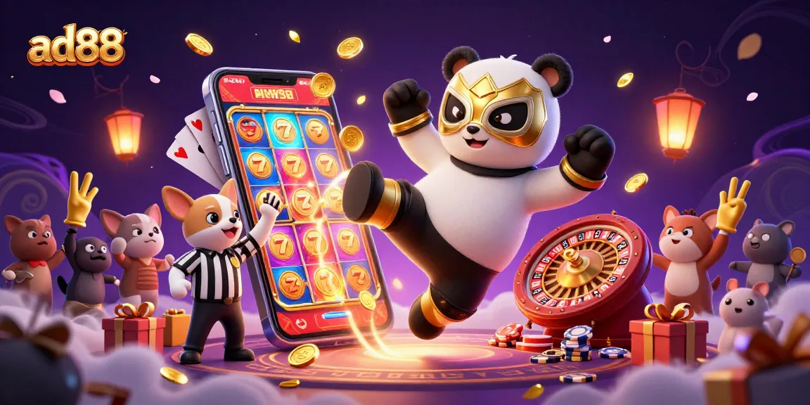 Experience ad88's vibrant casino world with a dynamic panda wrestler kicking amidst slots and excitement.