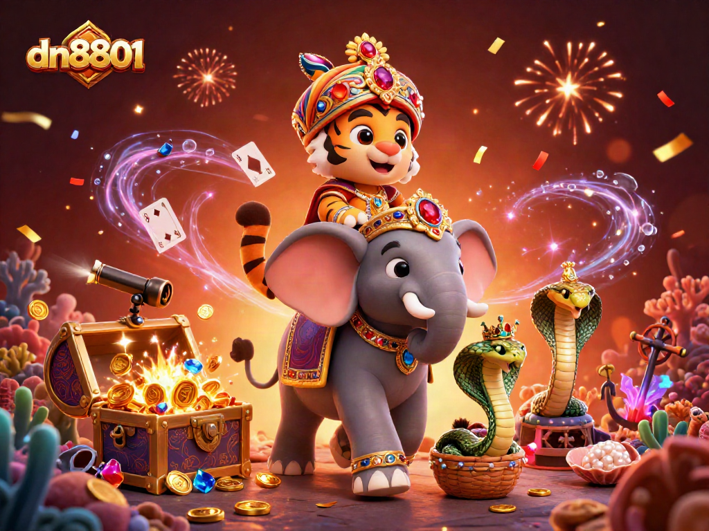 Experience the thrill at dn8801 with a vibrant scene of a maharaja tiger and jewel-encrusted elephant.