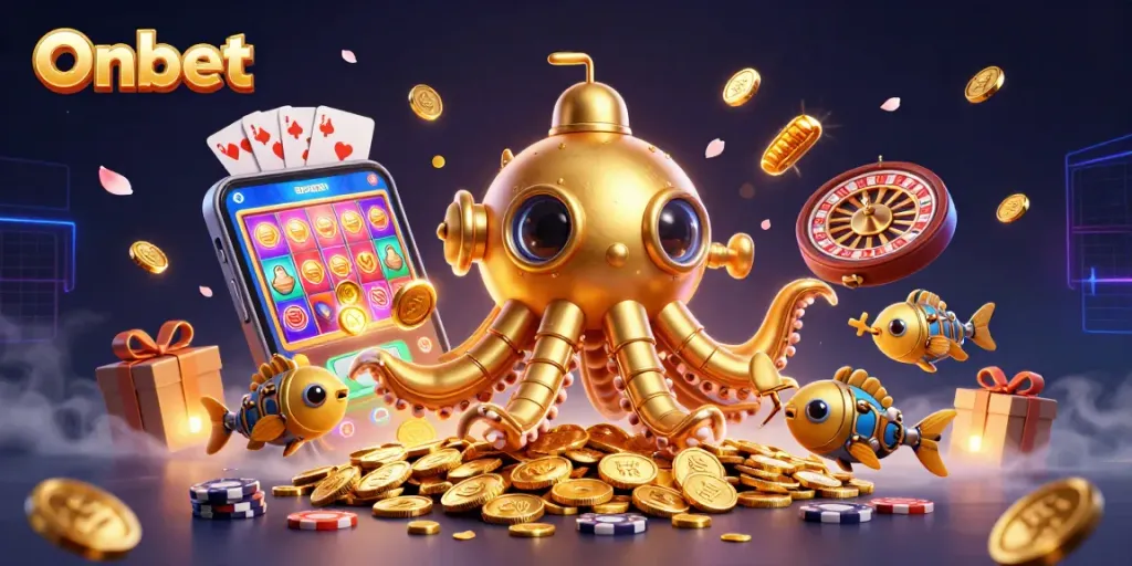 Engage with Onbet's thrilling casino world featuring a kraken submarine and vibrant gaming elements.