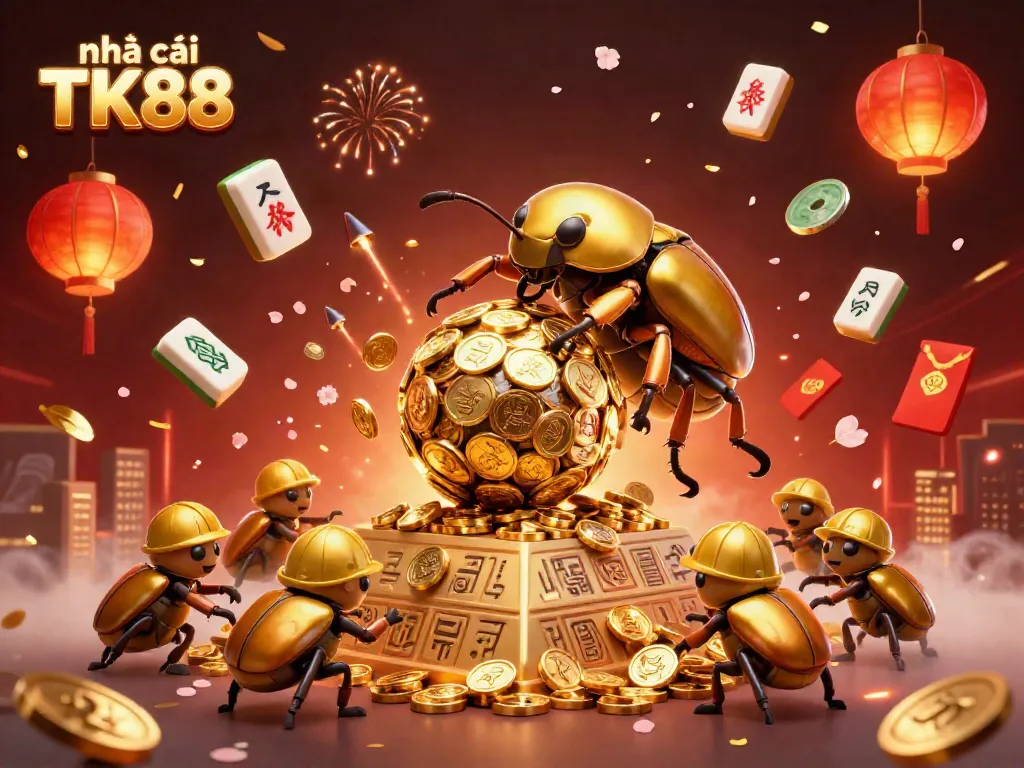 Engage with the vibrant world of nhà cái TK88, featuring golden beetles navigating a treasure-pyramid.
