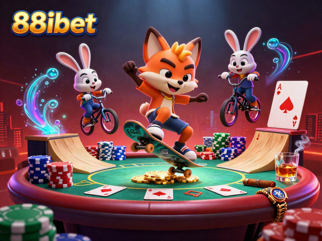 Engage with 88ibet's dynamic 3D casino illustration featuring a skateboarder fox and BMX rabbit amidst vibrant poker symbols.