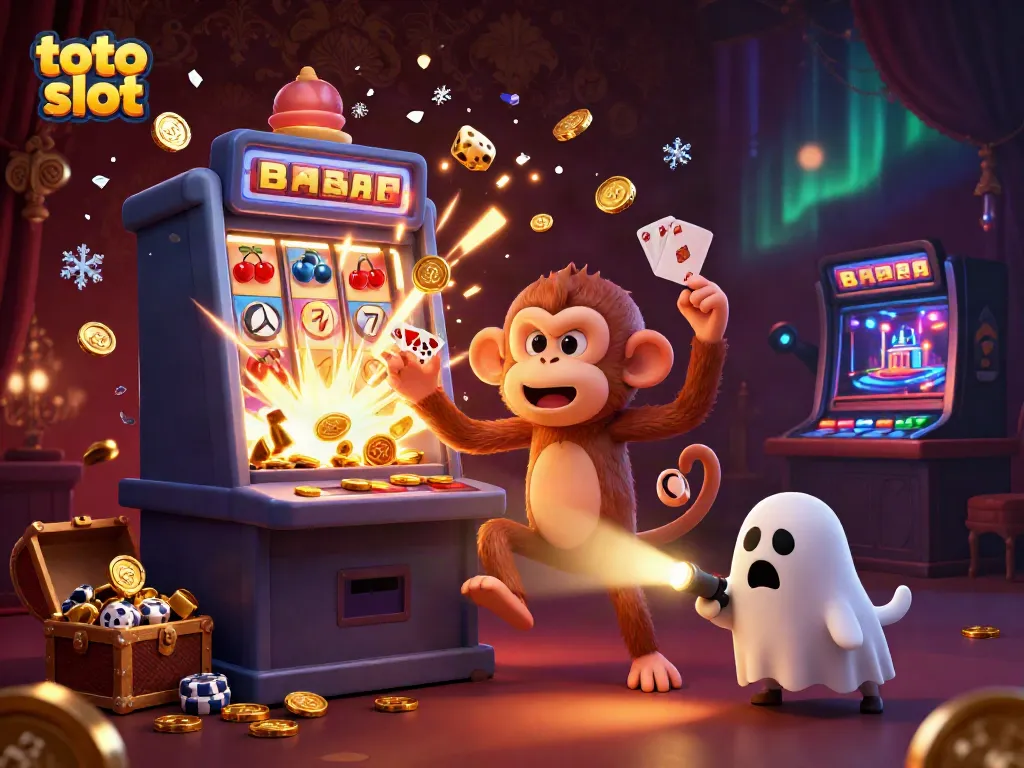 Engaging illustration of a playful poltergeist monkey and ghost-hunter puppy in a vibrant casino scene, promoting toto slot excitement.