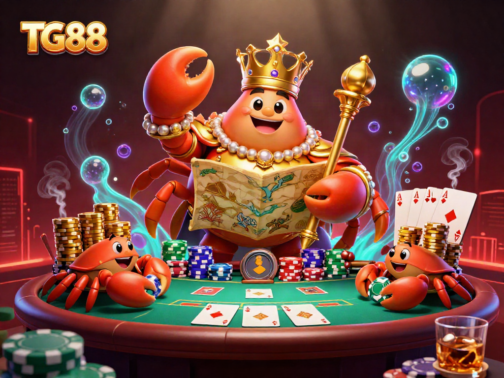 Engage in thrilling casino action with TG88 as the golden crab emperor presides over poker stacks and gaming elements.