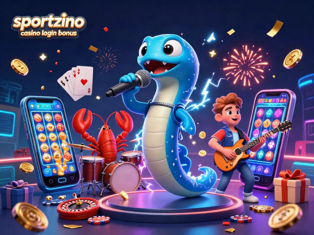 Engage in the sportzino casino login bonus to earn free coins, featuring an electric eel DJ with bonus coins erupting.