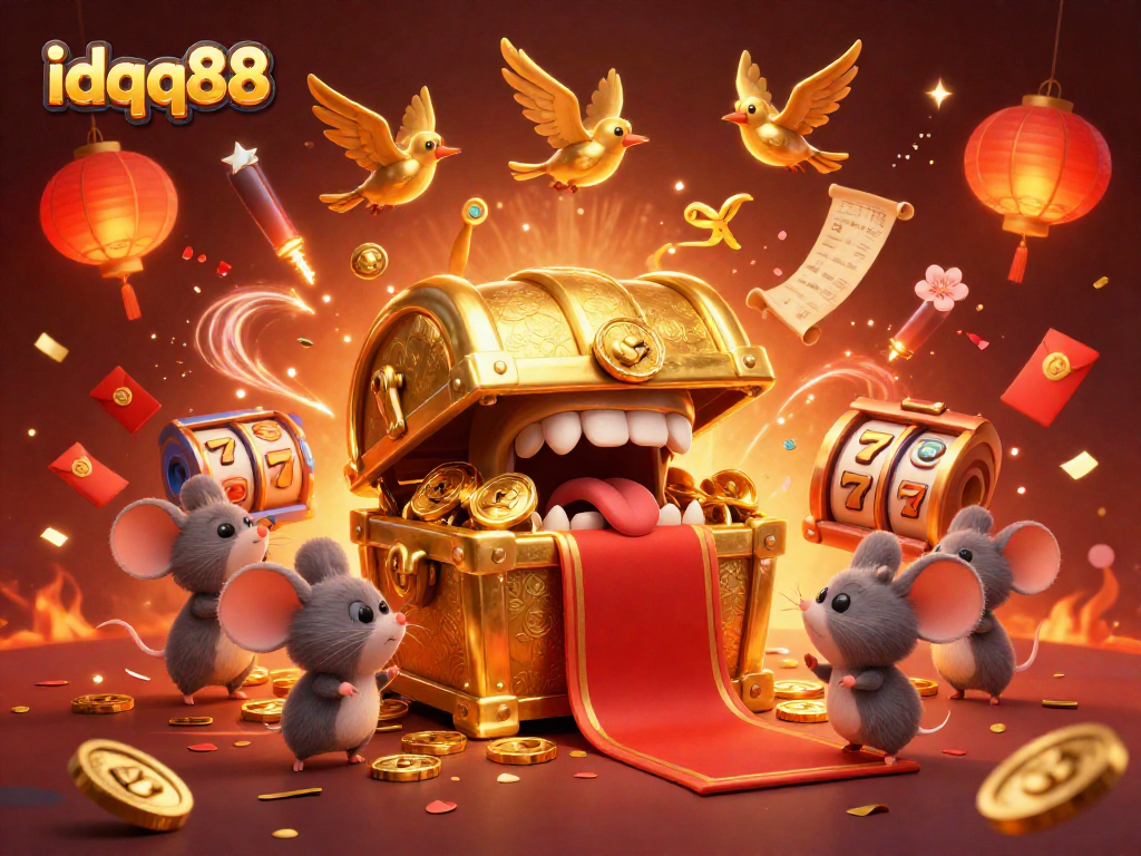 Experience idqq88's thrilling slots featuring gold treasures and vibrant festive elements.