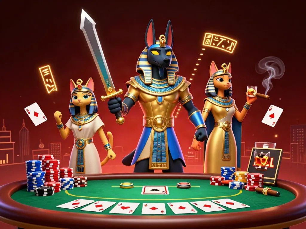 Engage in the thrilling world of hii88 with Anubis and Bastet amidst dynamic poker elements.