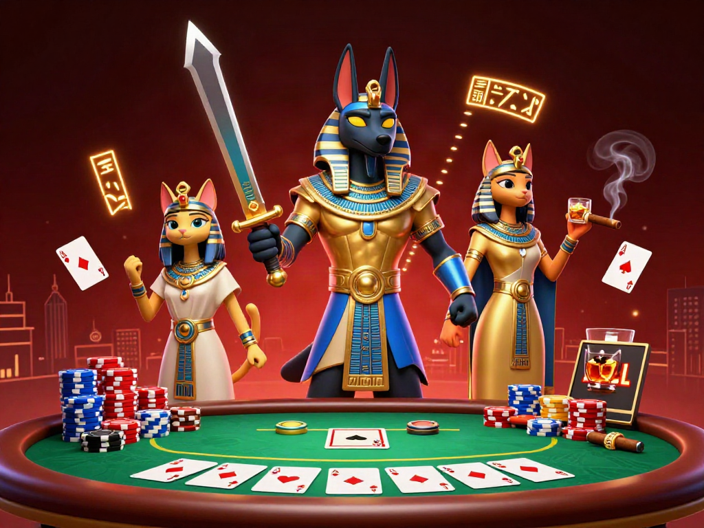 Engage in the thrilling world of hii88 with Anubis and Bastet amidst dynamic poker elements.