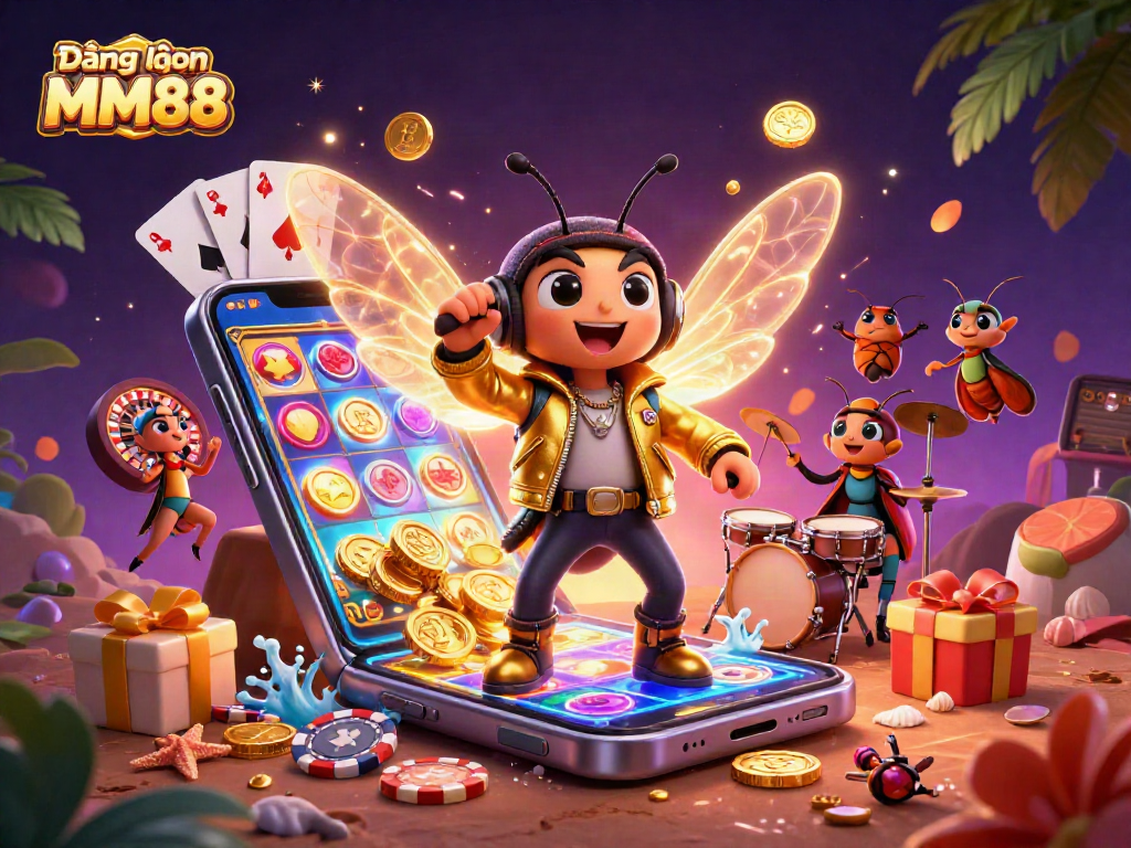 Engage in thrilling gaming with Đăng nhập MM88, featuring a vibrant illustration of an animated casino atmosphere.