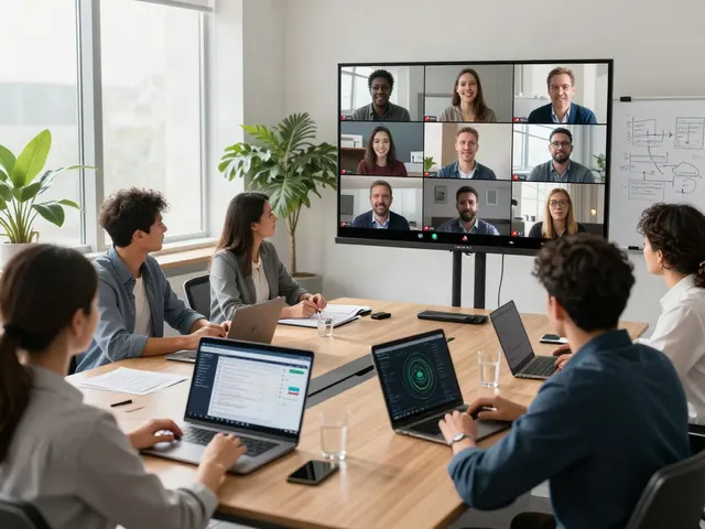 Deepfake protected Online Video Calls, Meetings and Conferencing in a modern conference room with diverse professionals collaborating.