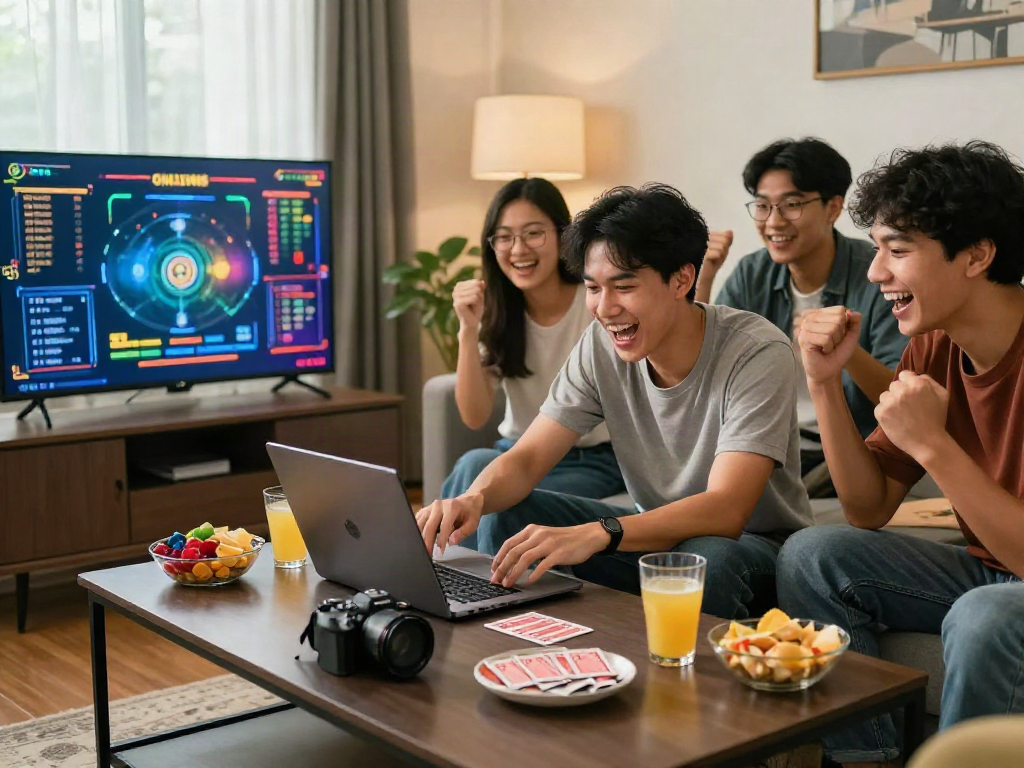 Friends enjoying bandar togel online in a cozy living room, vibrant atmosphere.