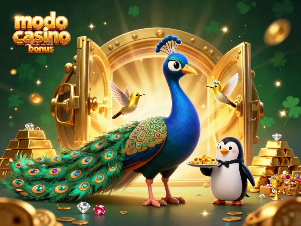 Win big with modo casino promo code no deposit bonus: vibrant scene featuring peacock, penguin, and hummingbird in a lavish casino