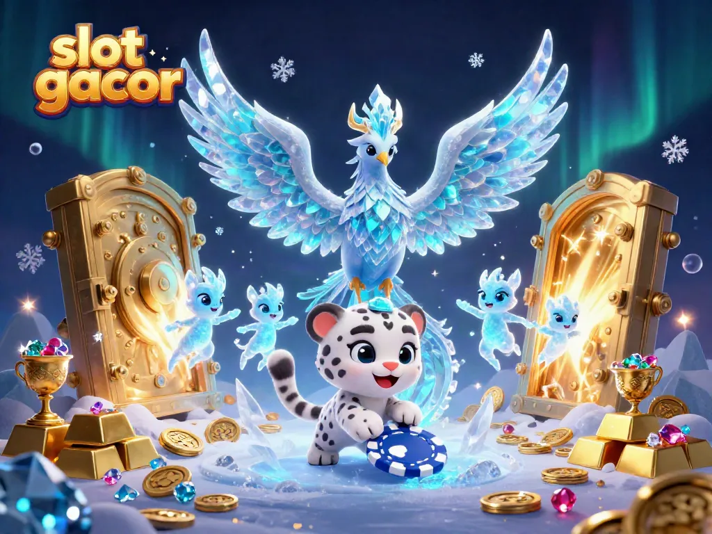 Slot gacor menunjukkan phoenix es bermain dengan chip poker, dikelilingi harta karun berkilau.