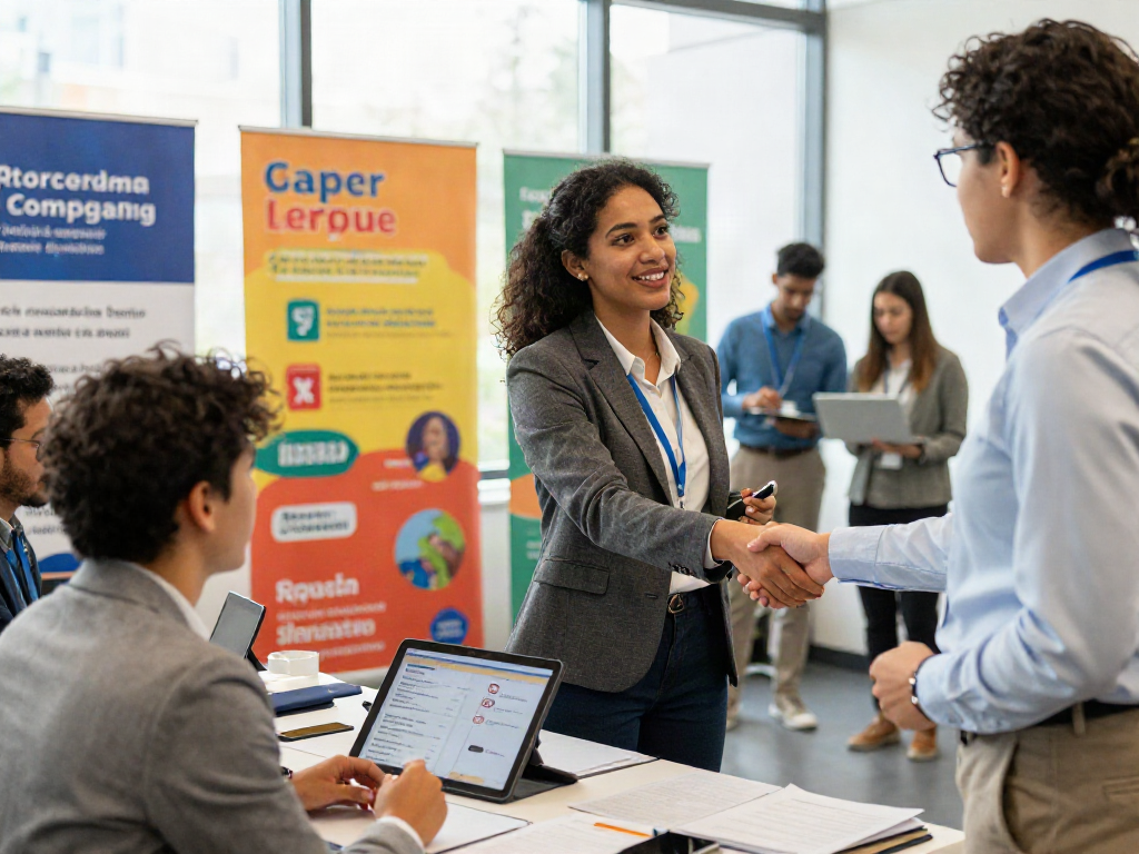 Job seekers at a hiring event exploring new หางาน opportunities with recruiters in a vibrant professional setting.