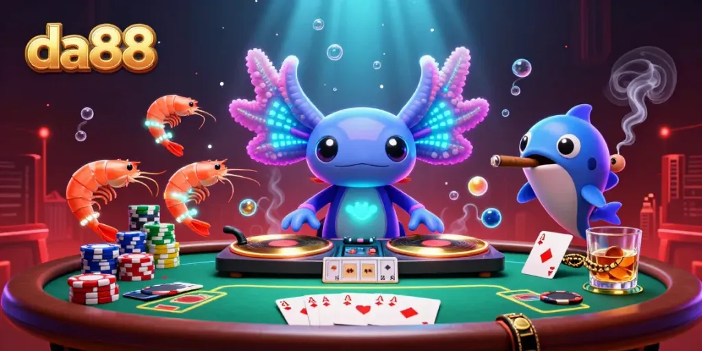 Experience the vibrant energy of da88 with a neon axolotl DJ amidst poker excitement.